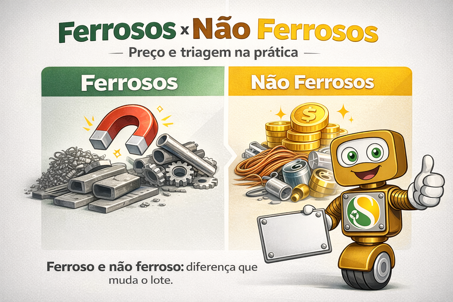 Qual a diferença entre metais ferrosos e não ferrosos (e como isso muda o preço e a triagem)?